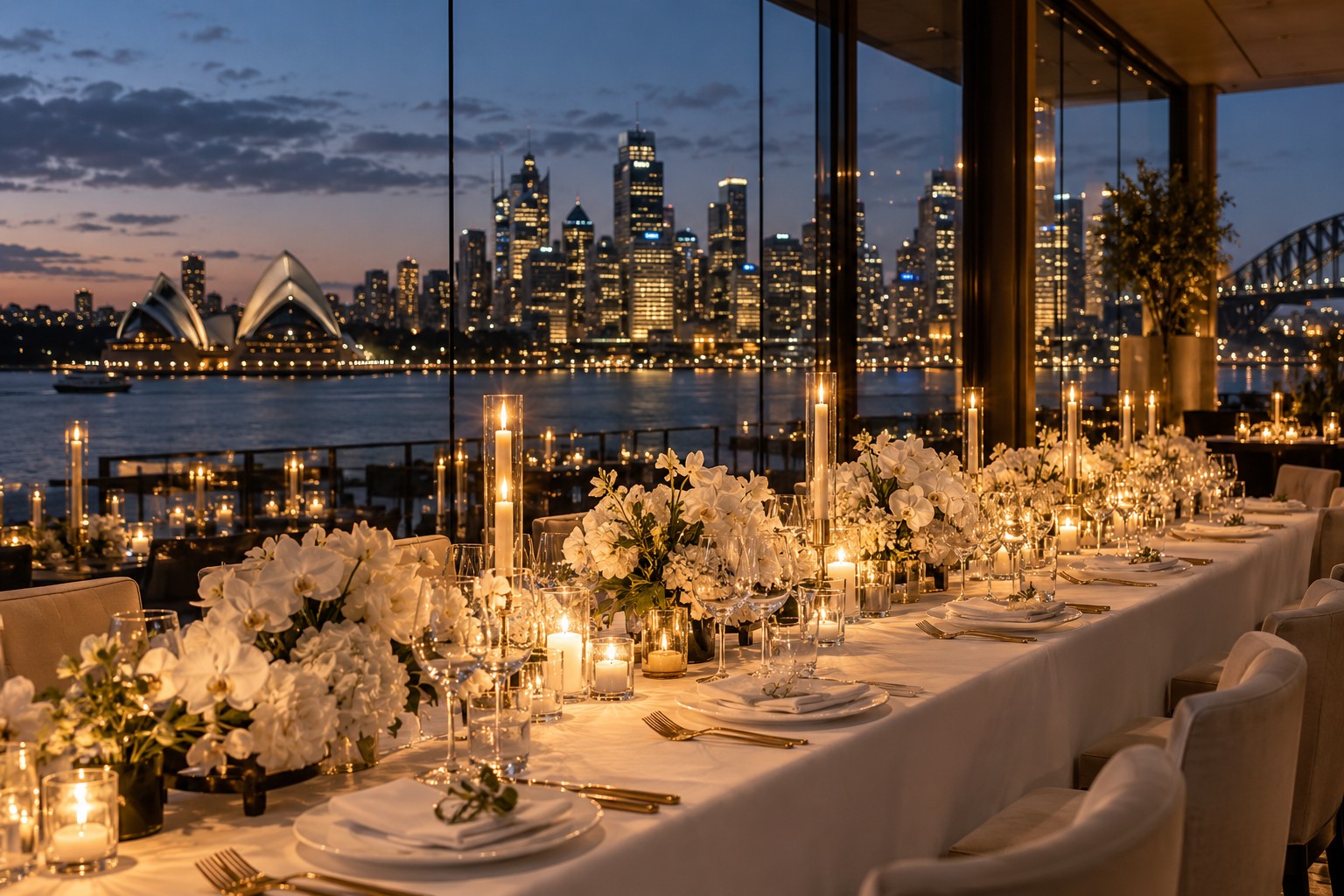 Candlelit corporate dinner overlooking Sydney Harbour