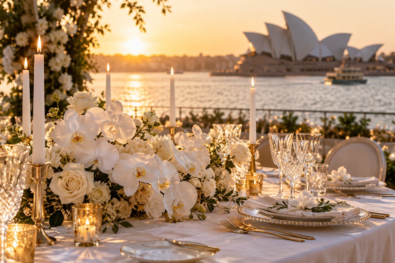 Candlelit white floral wedding table overlooking Sydney Harbour